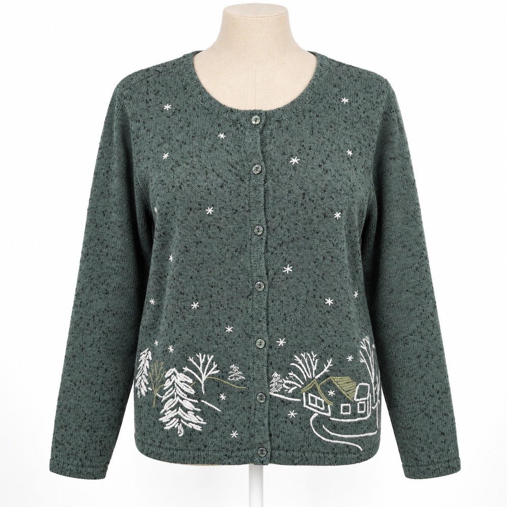 Vintage Y2K Embroidered Winter Cabin Button Cardigan Size XL Green Cottagecore